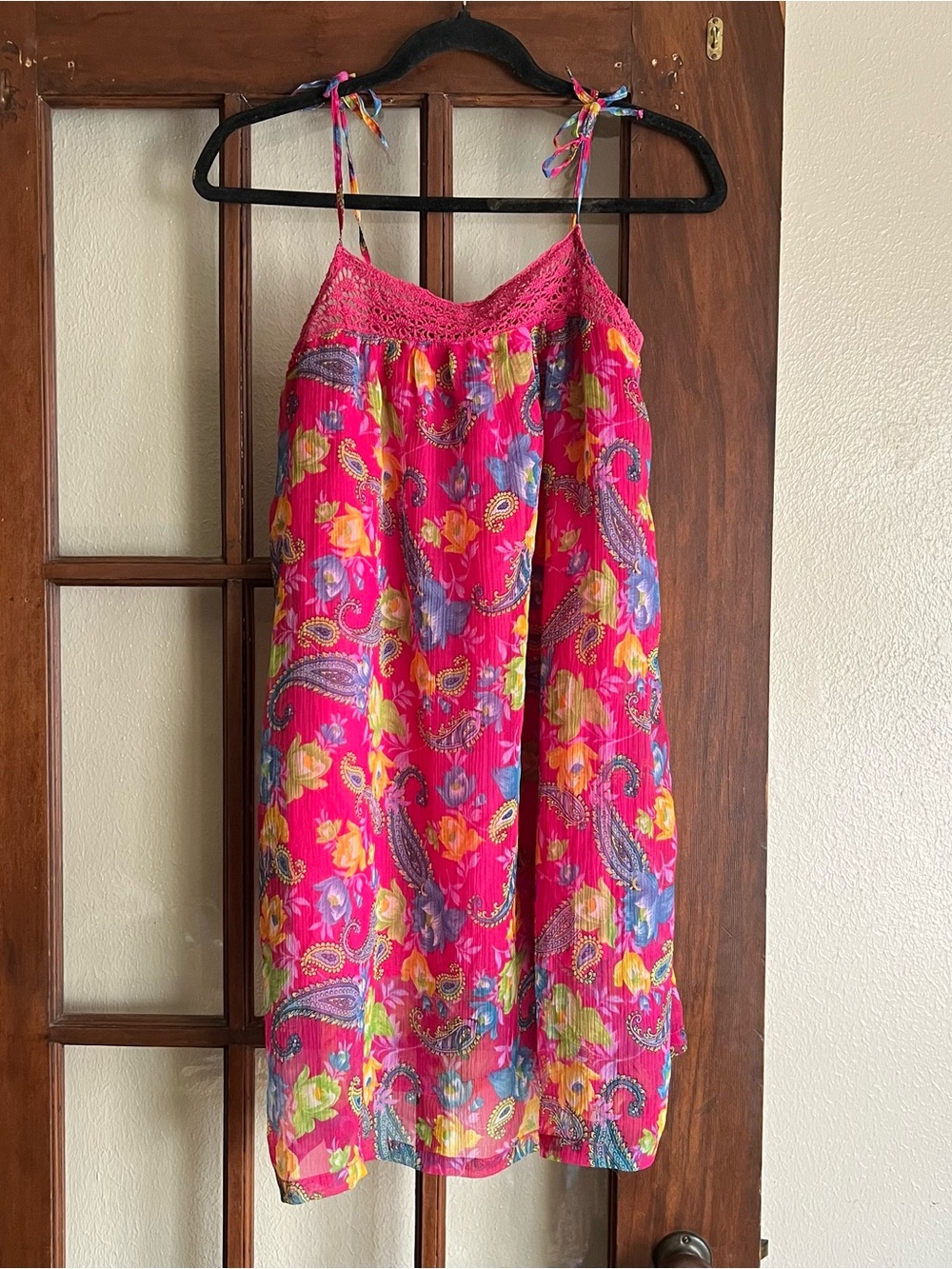 Pink Floral Paisley Sundress with Crochet Trim (M)